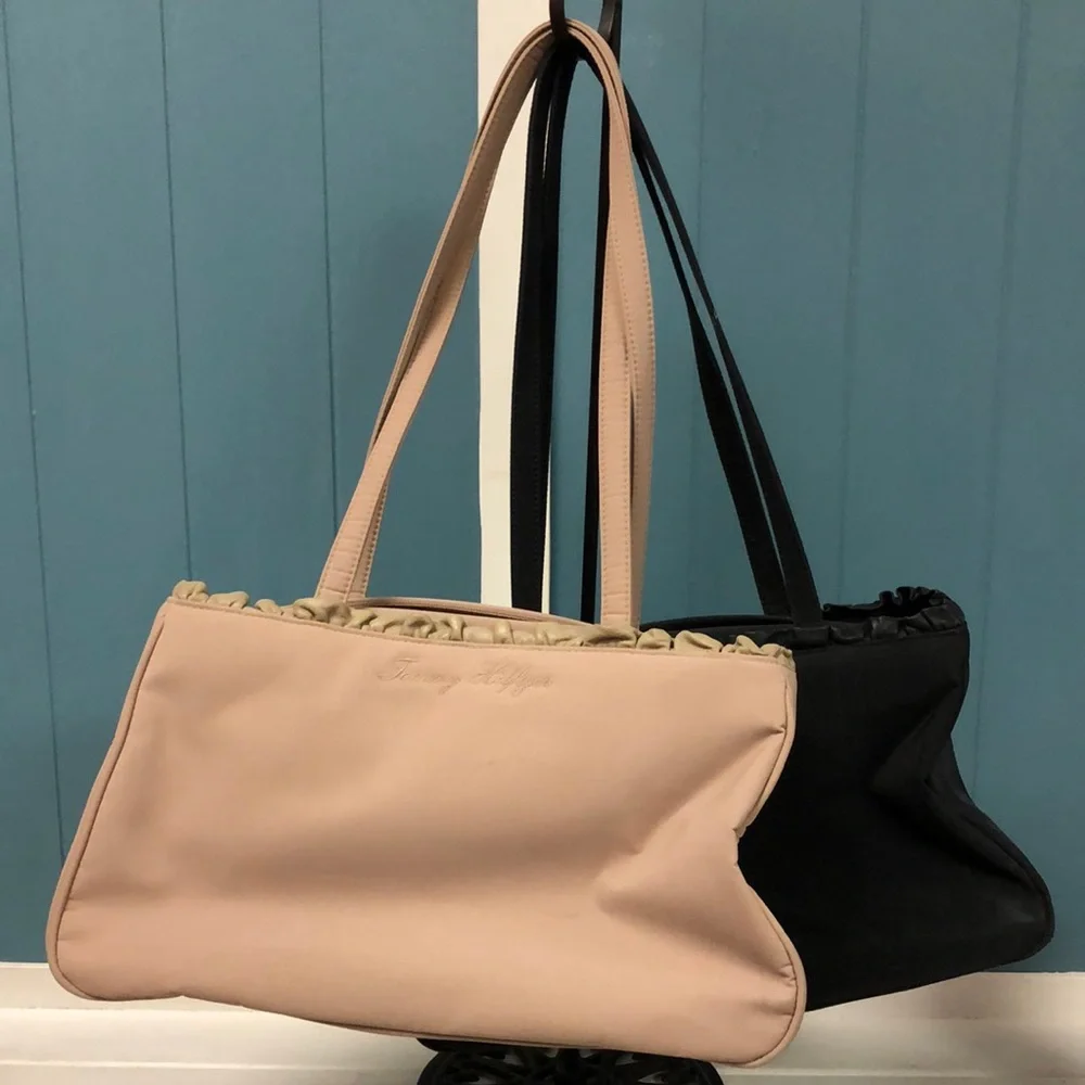 Lot‎ of 2 Vtg Tommy Hilfiger tan & black suede trim vinyl purses 12” x 7.5”